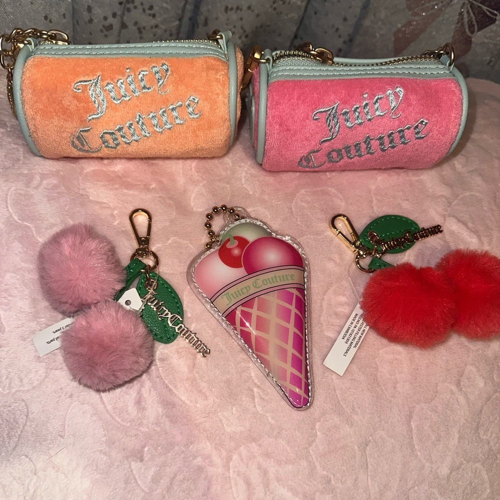 Juicy Couture mini barrel set and cherry and ice cream purse charms